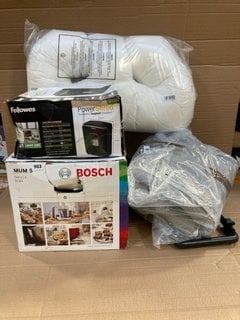 4 X ASSORTED HOUSE HOLD ITEMS TO INCLUDE FELLOWES POWER SHRED PAPER SHREDDER AND BOSCH MUM 5 SERIES 4 FOOD MIXER RRP - £300: LOCATION - D11