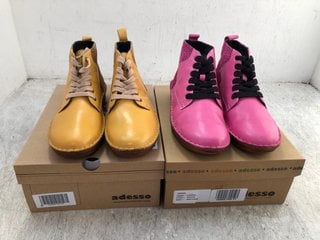 2 X ADESSO WOMENS SPOTTED LEATHER LACE UP BOOTS IN YELLOW AND PINK SIZE: 39 AND 40 EU: LOCATION - D4