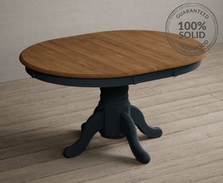 HERTFORD/WHATLEY 100CM EXT ROUND PEDESTAL TABLE RUSTIC OAK/DARK BLUE - RRP £549: LOCATION - B2