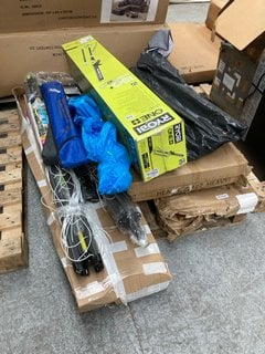 PALLET OF ASSORTED ITEMS TO INCLUDE RYOBI ONE+ 18V CORDLESS POLE TRIMMER: LOCATION - A3