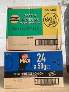 BOX OF WALKERS SALT & VINEGAR CRISPS BBE: 28/12/24 TO INCLUDE BOX OF WALKERS MAX CHUNKY CHEESE & ONION RIDGED CRISPS BBE: 02/11/24: LOCATION - BR13