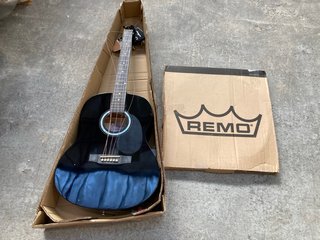 MARTIN SMITH FULL SIZE ACOUSTIC GUITAR IN BLACK (DAMAGED) TO INCLUDE REMO DRUMHEAD: LOCATION - BR17