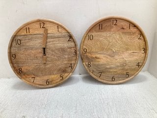 QTY OF NKUKU WALL CLOCKS TO INCLUDE SMALL ROUND WALL CLOCK IN NATURAL MANGO WOOD FINISH: LOCATION - CR2