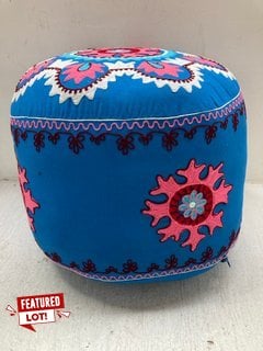 NKUKU EMBROIDERED SMALL FOOTSTOOL IN BLUE MULTI DESIGN FINISH: LOCATION - CR4