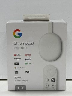 GOOGLE CHROMECASE WITH GOOGLE TV HD STREAMING DEVICE IN SNOW: MODEL NO 810037290066 (WITH BOX & ALL ACCESSORIES) [JPTM125167]. THIS PRODUCT IS FULLY FUNCTIONAL AND IS PART OF OUR PREMIUM TECH AND ELE