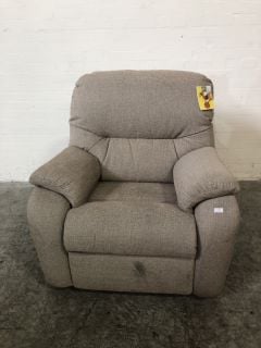 GREY FABRIC ARM CHAIR RECLINER WITH STAIN ON FRONT