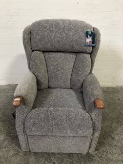 SOFT GREY FABRIC RECLINER ARM CHAIR WITH WOODEN HAND RESTS