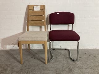 X 2 CHAIRS TO INCLUDE 1 OFF WHITE DINING ROOM CHAIR AND 1 BURGUNDY "WAITING ROOM" CHAIR