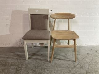 X 2 DINING ROOM CHAIRS TO INCLUDE 1 ALL WOOD RUSTIC CHAIR AND 1 WHITE FRAME AND GREY FABRIC SEATED CHAIR