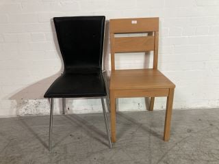 X 2 DINING CHAIRS TO INCLUDE 1 PECAN CHAIR AND ONE BLACK LEATHER CHAIR WITH METAL BASE