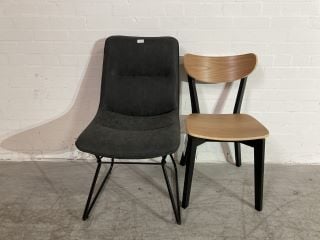 CHARCOAL LEATHER STYLE MATERIAL DINING CHAIR AND ACTONA BLACK AND NATURAL WOOD DINING CHAIR