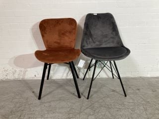 ACTONA ORANGE COLOURED VELVET FABRIC DINING CHAIR AND ACTONA CHARCOAL COLOURED VELVET FABRIC CHAIR