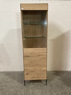 FILING CABINET STYLE STORAGE UNIT WITH WOODEN SHELVING AND GLASS DOOR FOR DISPLAY