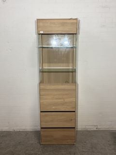 OAK DISPLAY UNIT/TALL BOY WITH HALF WOOD HALF GLASS DOOR & GLASS SHELVES