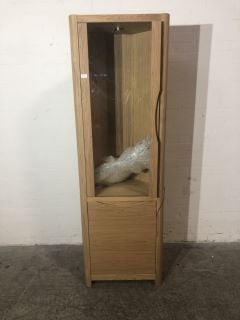 OAK DISPLAY UNIT/TALL BOY WITH ONE WOOD DOOR ONE GLASS DOOR