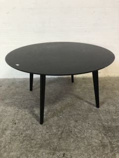 DARK CHARCOAL WOOD CIRCULAR COFFEE TABLE WITH GUN METAL LEGS & A DARK CHARCOAL WOOD 3 LEGGED FOOT STALL WITH 1 LOOSE LEG