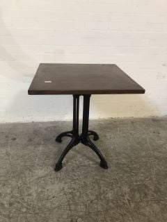 POLISHED MAHOGANY SMALL PUB STYLE TABLE WITH BLACK METAL LEGS