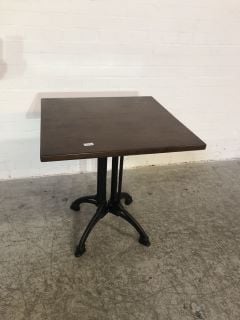 POLISHED MAHOGANY SMALL PUB STYLE TABLE WITH BLACK METAL LEGS