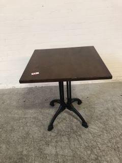 POLISHED MAHOGANY SMALL PUB STYLE TABLE WITH BLACK METAL LEGS