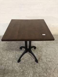 POLISHED MAHOGANY SMALL PUB STYLE TABLE WITH BLACK METAL LEGS