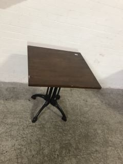 POLISHED MAHOGANY SMALL PUB STYLE TABLE WITH BLACK METAL LEGS