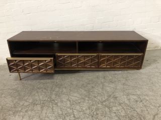 MAHOGANY TV STAND WITH 3 BRASS WAFFLE EFFECT DRAWS MISSING LEGS