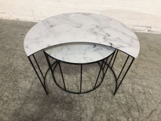 CRESENT MOON SHAPED WHITE MARBLE EFFCT COFFEE TABLE WITH SMALLER WHITE MARBLE EFFECT CIRCULAR COFFEE TABLE