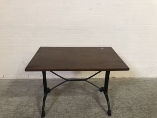 MAHOGANY MEDIUM SIZED PUB STYLE TABLE WITH BLACK METAL FRAME AND LEGS