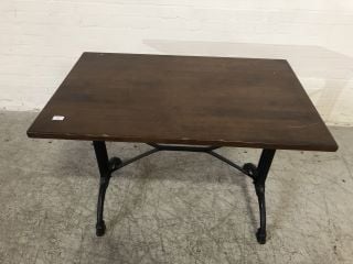 MAHOGANY MEDIUM SIZED PUB STYLE TABLE WITH BLACK METAL FRAME AND LEGS