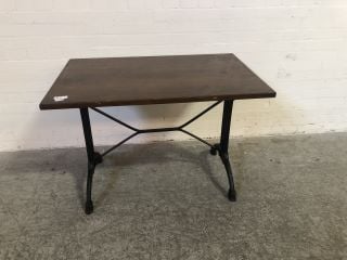 MAHOGANY MEDIUM SIZED PUB STYLE TABLE WITH BLACK METAL FRAME AND LEGS