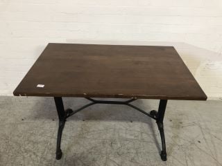 MAHOGANY MEDIUM SIZED PUB STYLE TABLE WITH BLACK METAL FRAME AND LEGS