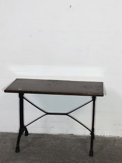 MAHOGANY MEDIUM SIZED PUB STYLE TABLE WITH BLACK METAL FRAME AND LEGS