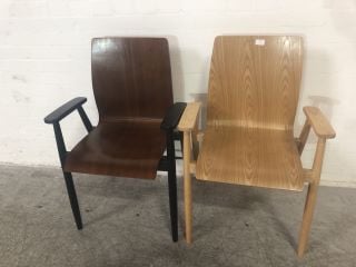 X 2 DINING CHAIRS TO INCLUDE 1 LIGHT OAK AND 1 MAHOGANY WITH BLACK LEGS