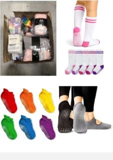 QUANTITY OF ASSORTED ITEMS TO INCLUDE LA ACTIVE KNEE HIGH GRIP SOCKS - 5 PAIRS - BABY TODDLER NON SLIP/SKID COTTON (WHITE, 12-36 MONTHS): LOCATION - A