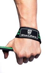 14 X URBAN LIFTERS AUTHENTIC WEIGHT LIFTING STRAPS, WITH 5MM PADDED WRIST SUPPORT, DOUBLE STITCHED + EXTENDED LENGTH 21.5 INCHES, INCLUDES FREE CARRY CASE (BLACK/GREEN) - TOTAL RRP £124: LOCATION - C