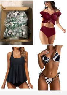 QUANTITY OF ASSORTED ITEMS TO INCLUDE JFAN BIKINI SET OFF SHOULDER RUFFLED FLOUNCE CROP TOP HIGH WAISTED BOTTOM TUMMY CONTROL SWIMSUITS FOR WOMEN LEAVES XL: LOCATION - A