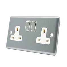 27 X AET CSC2GSOCWS SATIN CHROME CLASSICAL 2 GANG WHITE INSERT METAL ROCKER SWITCHES-13 AMP DOUBLE PLUG SOCKET - TOTAL RRP £189: LOCATION - F