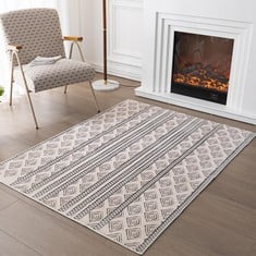 5 X OBUNDI SHORT PILE RUGS FOR BEDROOM,ANTI-SLIP STRIPE RUG GEOMETRIC DESIGN CARPET FOR LIVING ROOM SOFT FLOOR RUGS (SQUARE BEIGE,80X150 CM) - TOTAL RRP £125: LOCATION - F