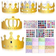 25 X WEYSOO PARTY HATS, 5PCS GOLDEN PAPER CROWNS WITH SELF-ADHESIVE RHINESTONE AND NUMBER LETTER STICKERS, PRINCESS PRINCE CROWNS HATS FOR BOYS GIRLS ADULTS PARTY - TOTAL RRP £104: LOCATION - F