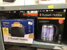 QUANTITY OF KITCHEN & APPLIANCES ITEMS TO INCLUDE RUSSELL HOBBS TEXTURES 2 SLICE TOASTER (EXTRA WIDE SLOTS, 6 BROWNING LEVELS, FROZEN, CANCEL & REHEAT FUNCTION WITH INDICATOR LIGHTS, REMOVABLE CRUMB