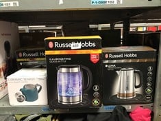 QUANTITY OF KITCHEN & APPLIANCES ITEMS TO INCLUDE RUSSELL HOBBS ILLUMINATING 1.7L ELECTRIC CORDLESS GLASS KETTLE WITH BLACK/BRUSHED STAINLESS STEEL ACCENTS (FAST BOIL 3KW, WASHABLE ANTI-SCALE FILTER,