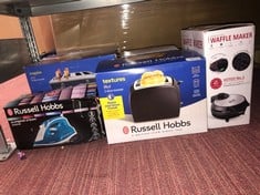 QUANTITY OF ITEMS TO INCLUDE RUSSELL HOBBS TEXTURES 2 SLICE TOASTER (EXTRA WIDE SLOTS, 6 BROWNING LEVELS, FROZEN, CANCEL & REHEAT FUNCTION WITH INDICATOR LIGHTS, REMOVABLE CRUMB TRAY, 850W, BLACK MAT