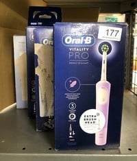 QUANTITY OF HEALTH & BEAUTY ITEMS TO INCLUDE ORAL-B VITALITY PRO ELECTRIC TOOTHBRUSHES FOR ADULTS,1 HANDLE, 2 TOOTHBRUSH HEADS, 3 BRUSHING MODES INCLUDING SENSITIVE PLUS, 2 PIN UK PLUG, PURPLE: LOCAT