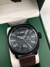 MENS FRANK SCHMIDT WATCH - LARGE BLACK CASE - WHITE PILOT DIAL - BROWN LEATHER STRAP - 3 ATM WATER RESISTANT RRP £290: LOCATION - TOP 50 RACK