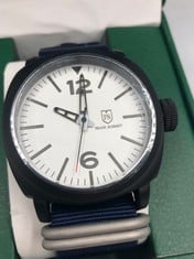 MENS FRANK SCHMIDT WATCH - LARGE BLACK CASE - WHITE PILOT DIAL - BLUE FABRIC STRAP - 3 ATM WATER RESISTANT RRP £290: LOCATION - TOP 50 RACK