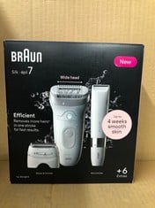 BRAUN SILK-ÉPIL 7, EPILATOR WITH WIDE HEAD FOR EASY HAIR REMOVAL, WET & DRY, LASTING SMOOTH SKIN, WITH LADY SHAVER HEAD & TRIMMER COMB, BODY MINI SHAVER, 7-441, WHITE/SILVER.: LOCATION - B