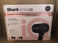 1 X SHARK STYLE IQ HAIR DRYER & STYLER 2-IN-1 WITH CONCENTRATOR & CURL-DEFINING DIFFUSER, IONIC, FAST DRYING, NO HEAT DAMAGE, COOL SHOT, AUTO HEAT & AIRFLOW SETTINGS, BLACK/ROSE GOLD HD110UK.: LOCATI