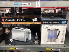 QUANTITY OF KITCHEN & APPLIANCES ITEMS TO INCLUDE RUSSELL HOBBS 2 SLICE TOASTER WITH PERFECT TOAST TECHNOLOGY FOR IMPROVED EVENNESS (WIDE SLOTS, LIFT & LOOK FEATURE, 6 BROWNING LEVELS, FROZEN & CANCE