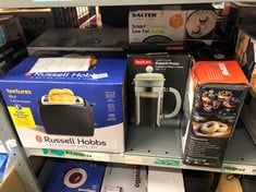 QUANTITY OF KITCHEN & APPLIANCES ITEMS TO INCLUDE RUSSELL HOBBS TEXTURES 2 SLICE TOASTER (EXTRA WIDE SLOTS, 6 BROWNING LEVELS, FROZEN, CANCEL & REHEAT FUNCTION WITH INDICATOR LIGHTS, REMOVABLE CRUMB