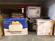 QUANTITY OF KITCHEN & APPLIANCES ITEMS TO INCLUDE RUSSELL HOBBS 2 SLICE LIFT & LOOK TOASTER (LONGER SLOTS, 6 BROWNING LEVELS, DEFROST/REHEAT/CANCEL FUNCTION, REMOVABLE CRUMB TRAY, 1670W, CREAM & STAI